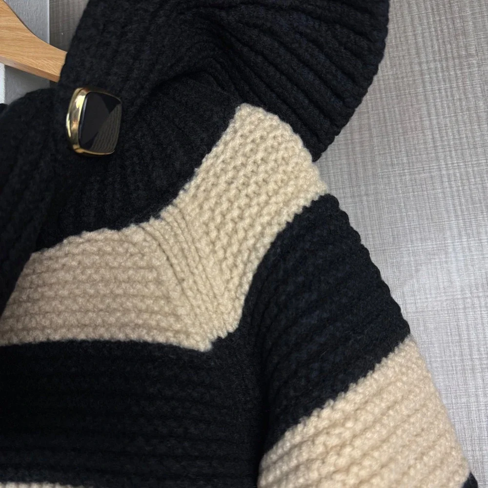 Kate Spade Black Tan Stripe Collared Knit Sweater Chunky 100% Wool Large‎